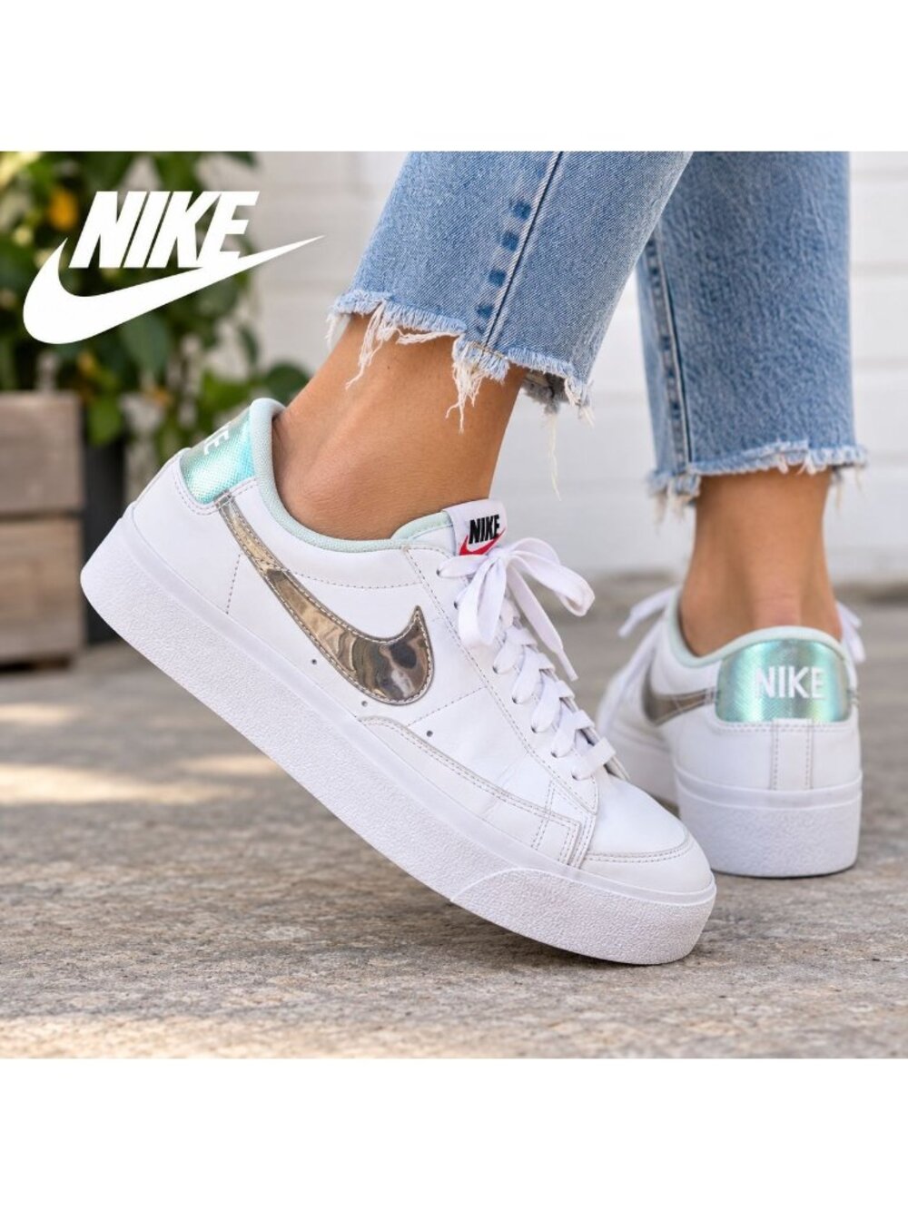 Nike Blazer Low Platform Womens 10 White Metallic Silver Iridescent DQ7654-100
